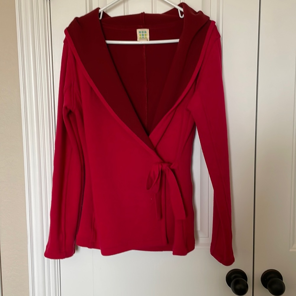 Title Nine Wrap Hooded Sweater dark pink exterior and brown/pink interior